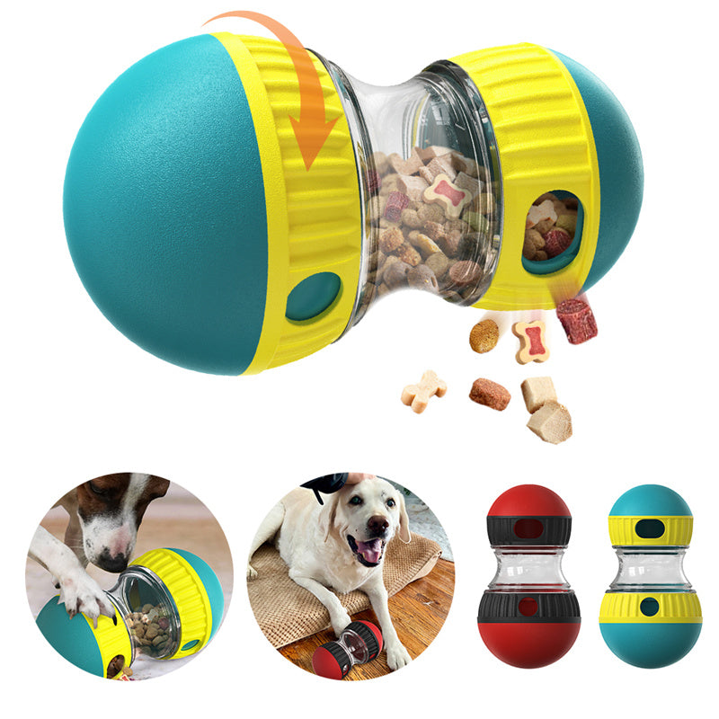 The Field Tumbler in teal and yellow with kibble falling from the opening