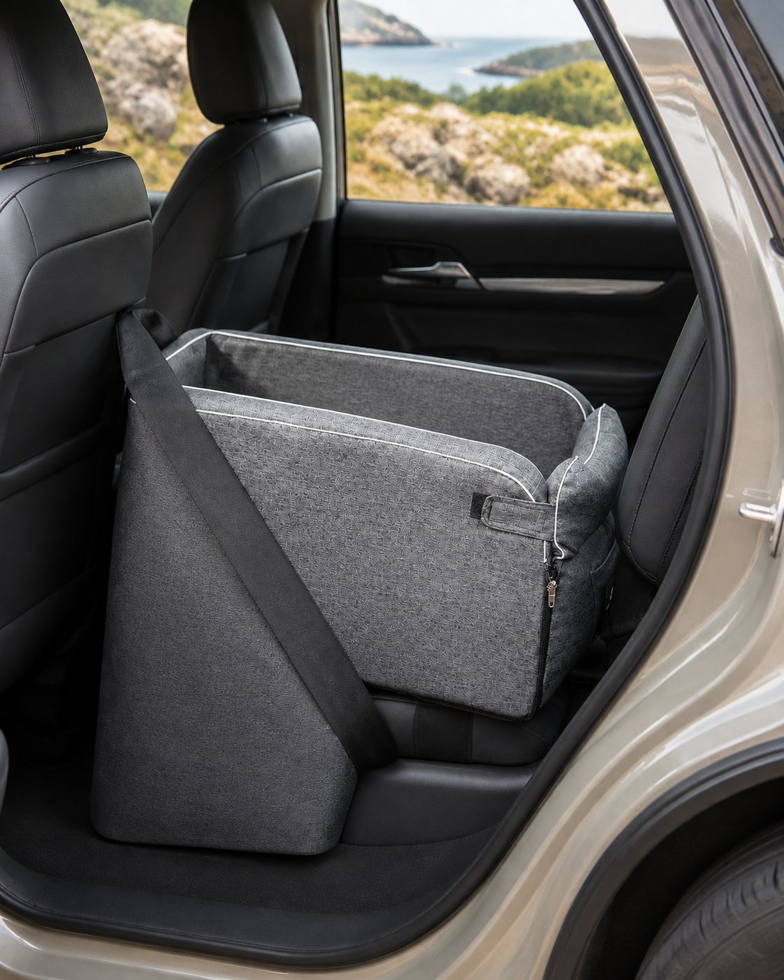 Grey Backseat Guard installed on a rear car seat, three-quarter view
