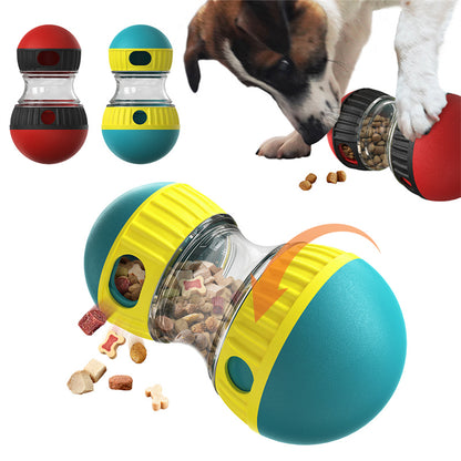 The Field Tumbler slow-feed puzzle toy in teal and yellow, tipping to release kibble