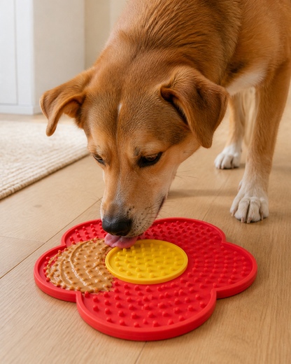 Red and yellow Calm Lick Mat used by a dog in a warm contemporary interior