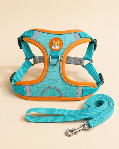 Teal and orange Everyday Harness Set with matching lead