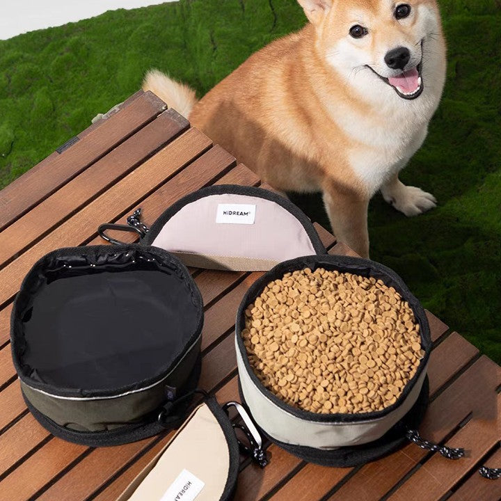 A shiba inu on a timber deck beside the Trail Bowl, one bowl filled with kibble