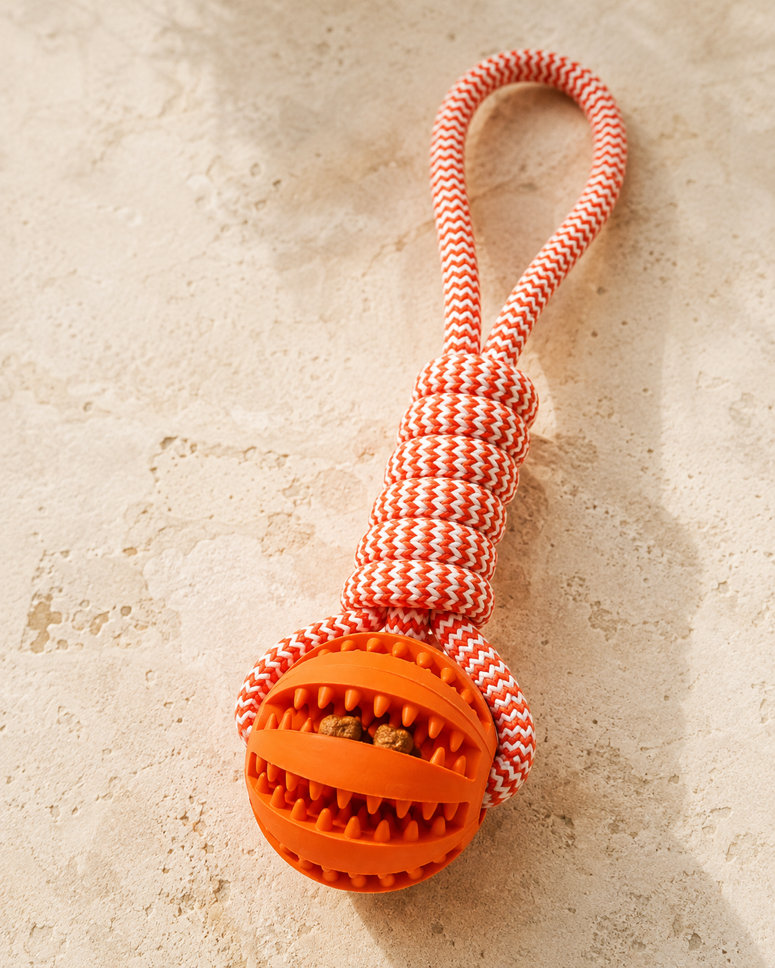 Orange Forage Rope Ball close-up showing the rope weave and treat openings