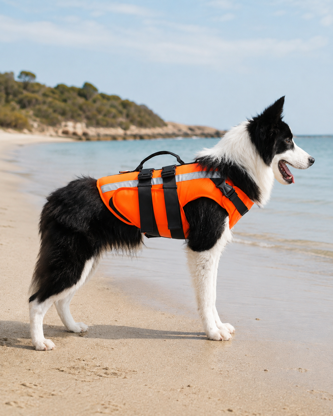 Orange Harbour Vest correctly fitted on a dog in profile at an Australian beach