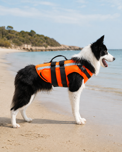 Orange Harbour Vest correctly fitted on a dog in profile at an Australian beach