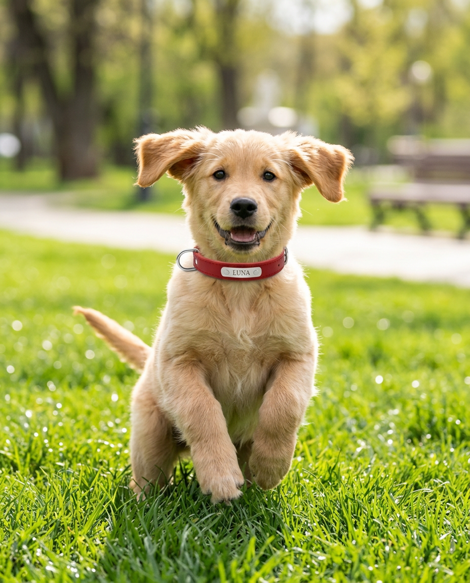 Puppy running and playing in the park wearing the red Sutton Collar