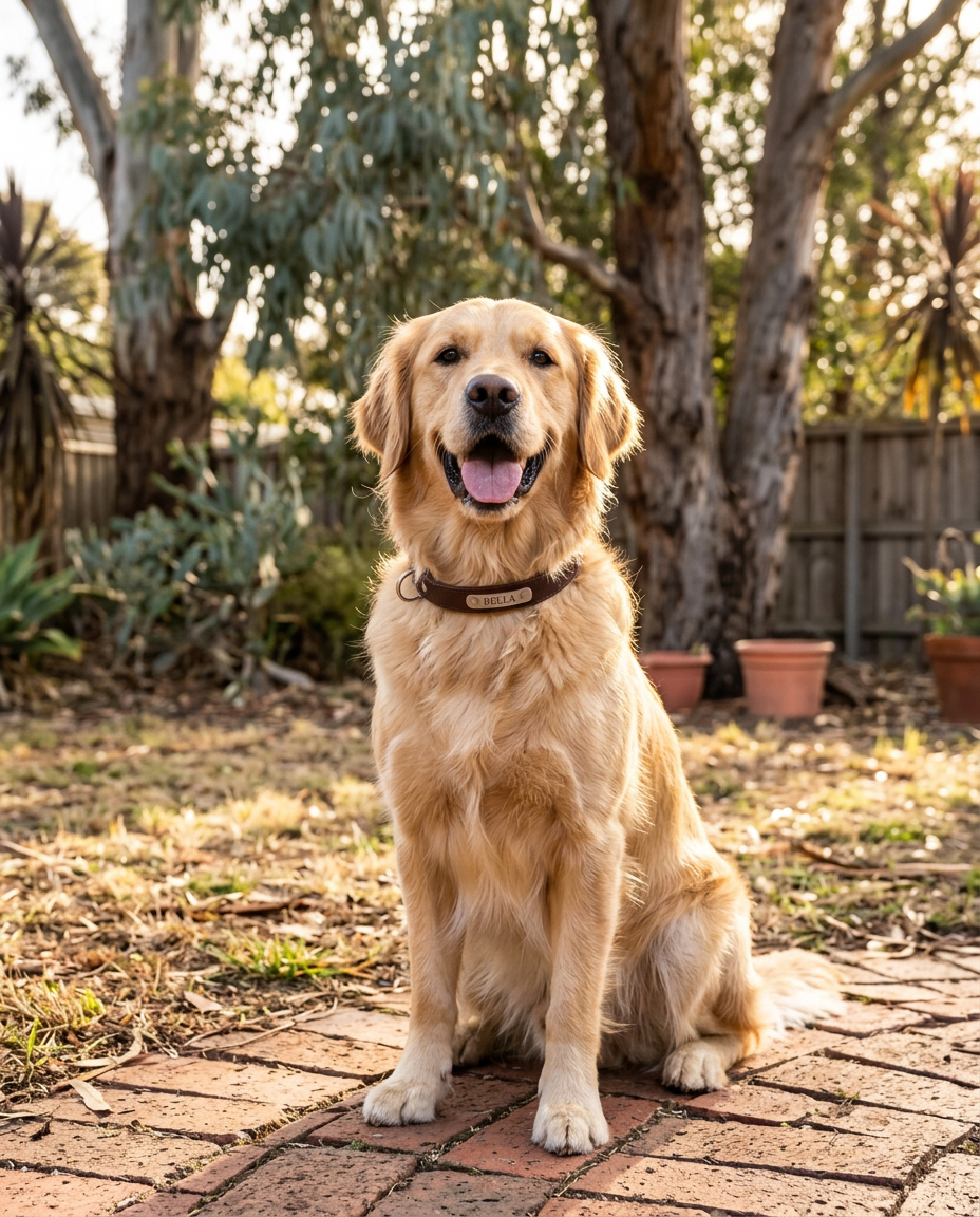 Golden retriever wearing the brown Sutton Collar, relaxing in a sunny backyard