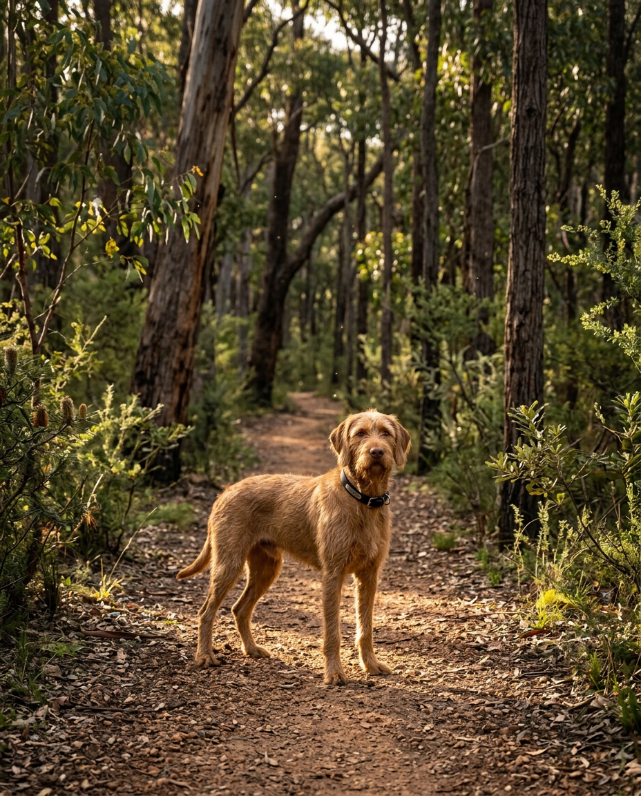 Dog standing on a forest trail wearing the black Sutton Collar