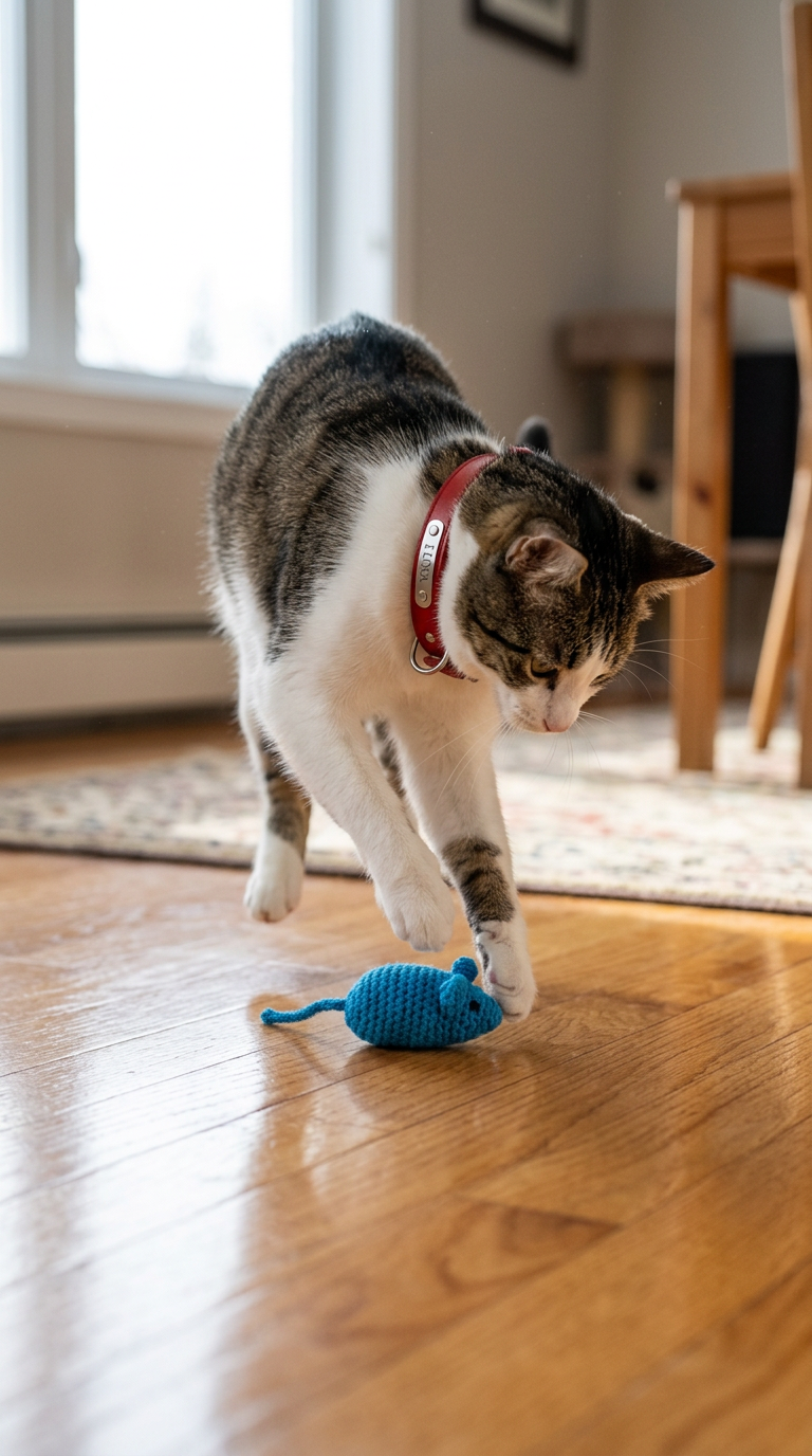 Cat playing with a toy on the floor wearing the red Sutton Collar
