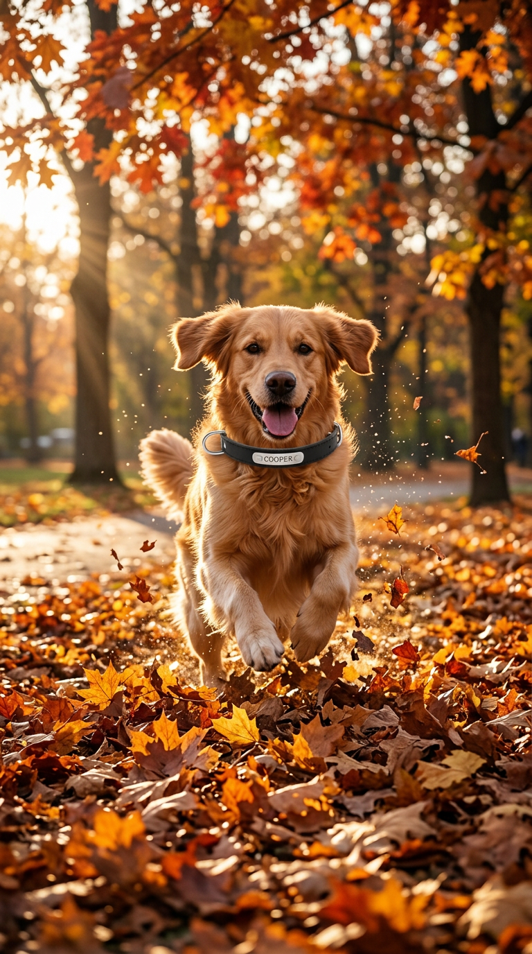 Dog playing and running through autumn leaves wearing the black Sutton Collar