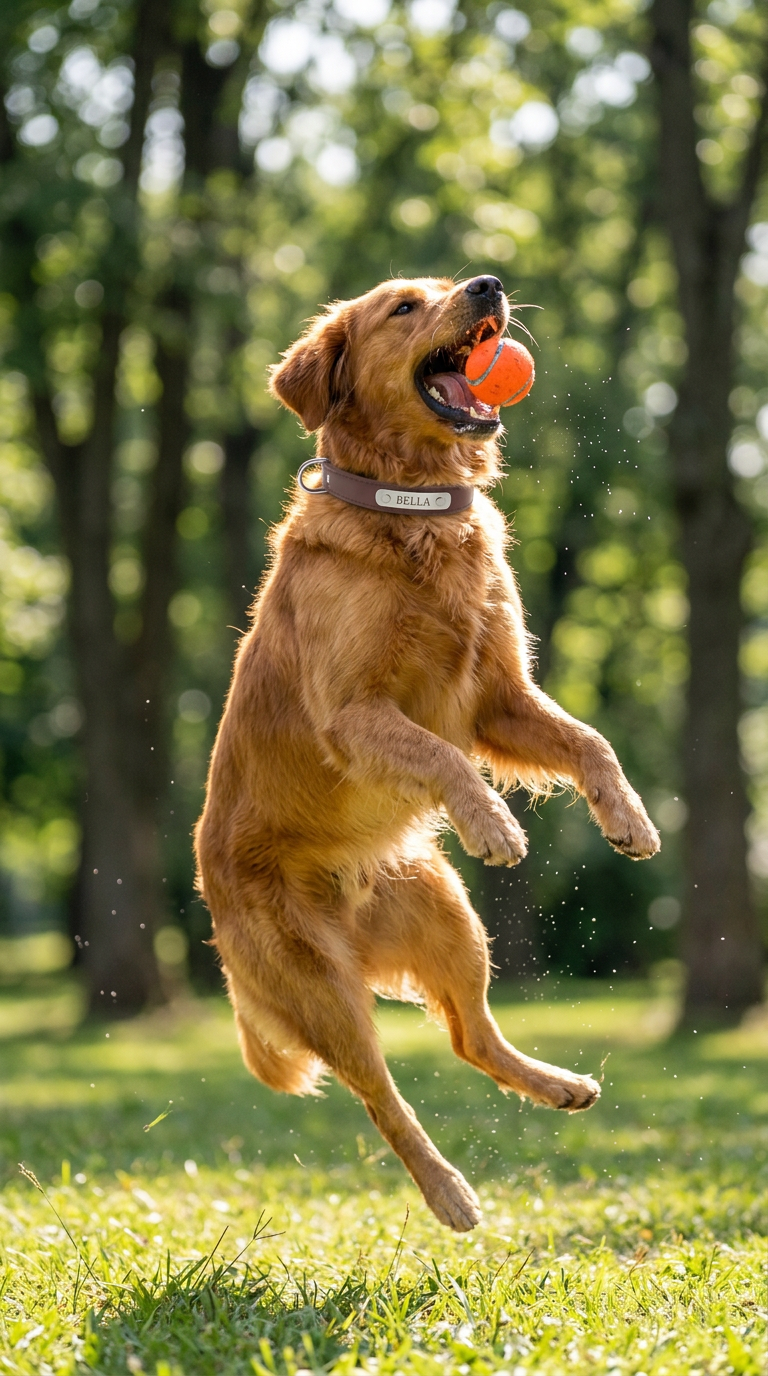 Dog playing fetch outdoors wearing the brown engraved Sutton Collar