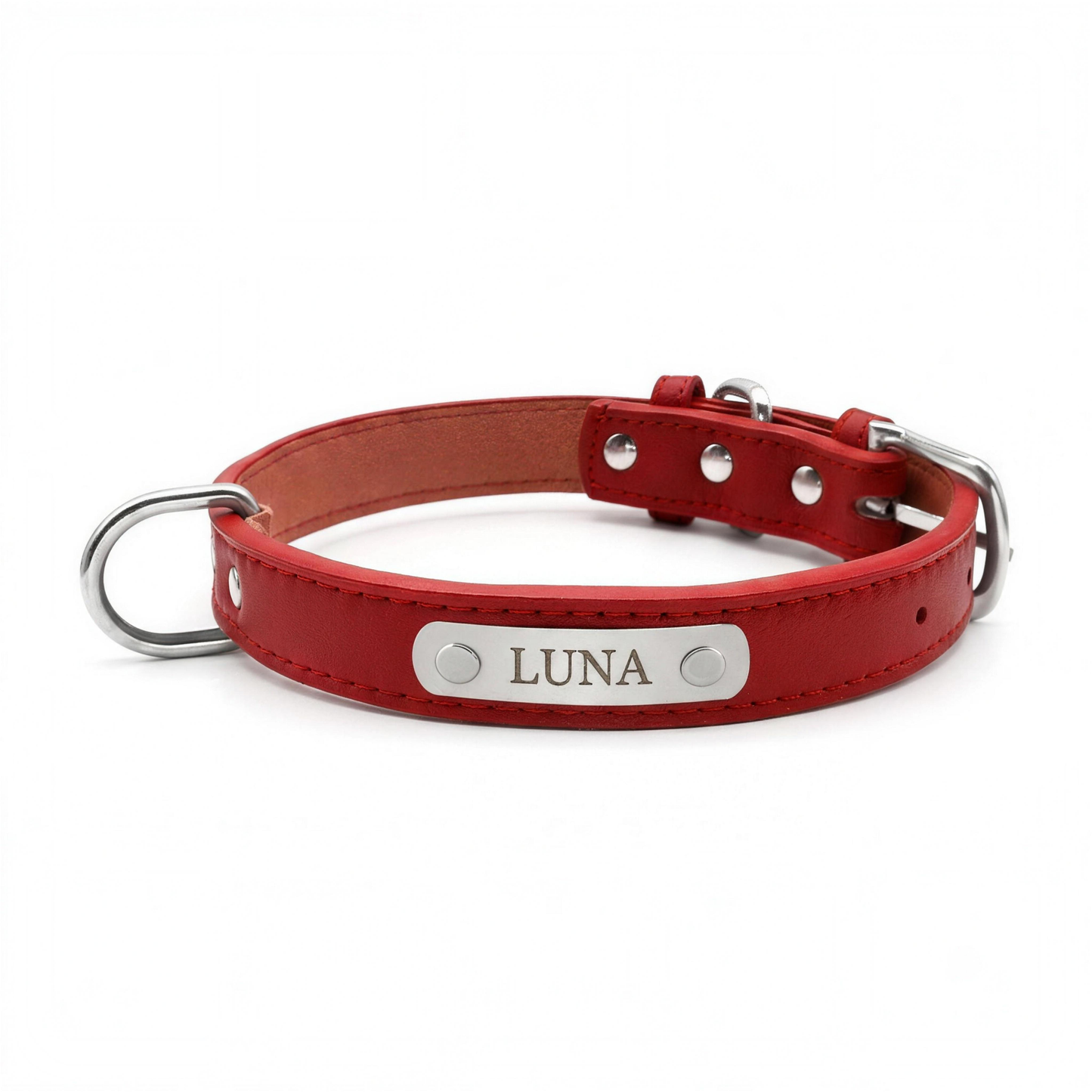 The Sutton Collar — engraved red PU leather pet collar with personalised nameplate