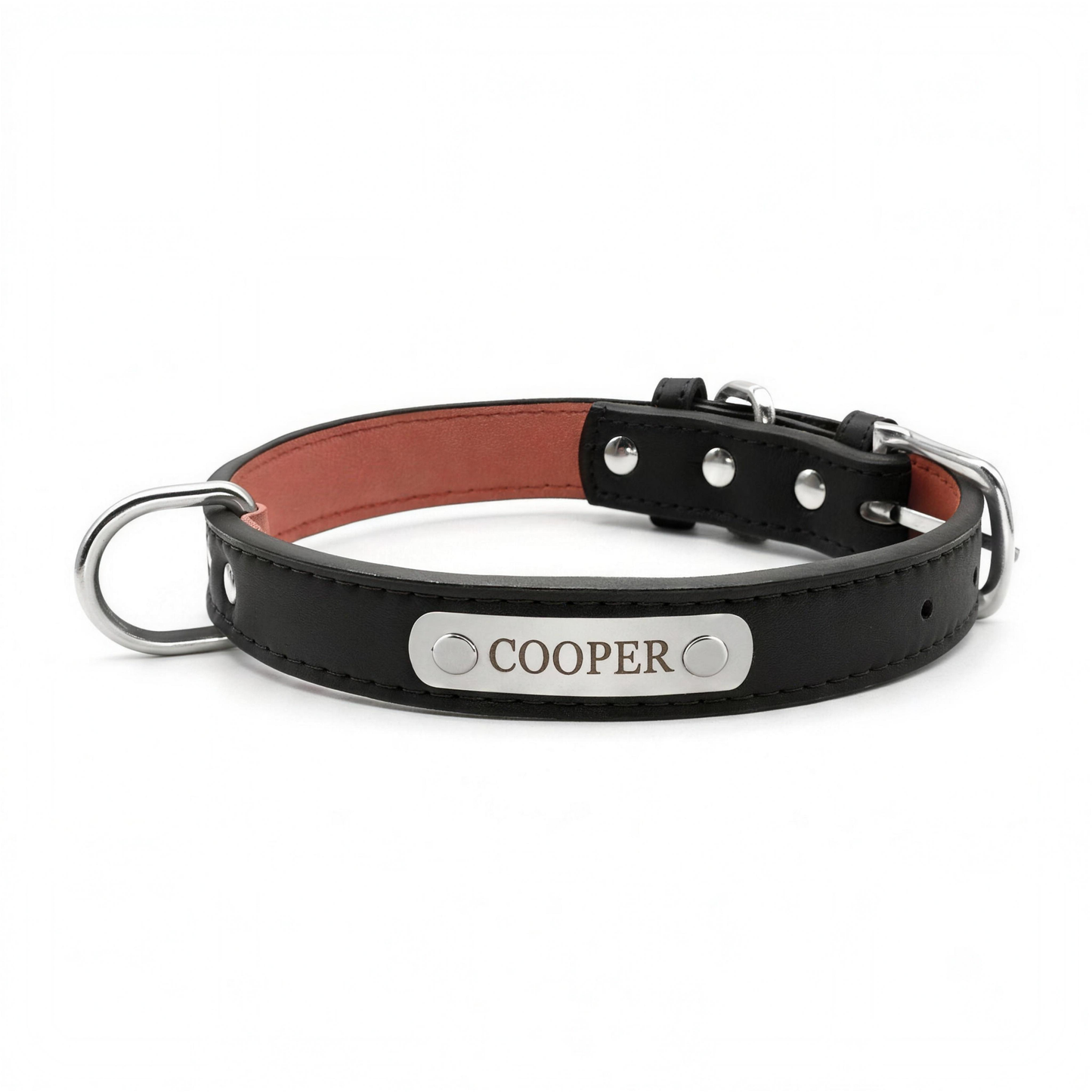 The Sutton Collar — engraved black PU leather pet collar with personalised nameplate
