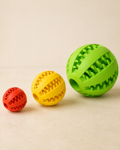 Mint Treat Ball sizes shown in scale: 5 cm red, 7 cm yellow and 11 cm green