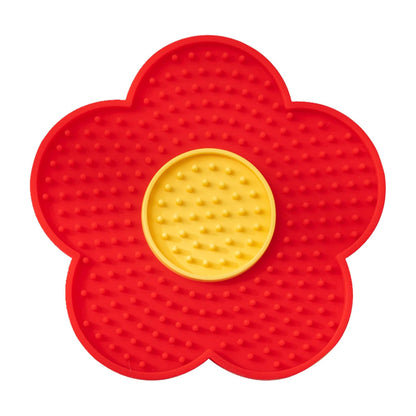 The Calm Lick Mat suction slow feeder in red, flower shaped