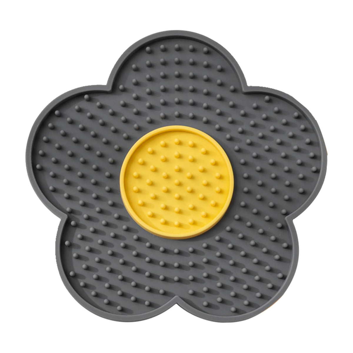 The Calm Lick Mat suction slow feeder in charcoal, flower shaped