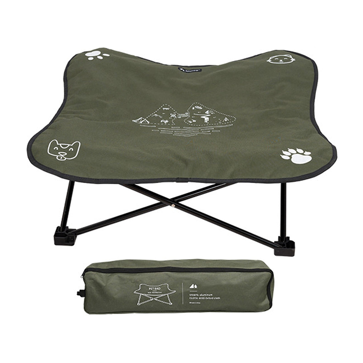 The Camp Bed raised folding dog cot in black, with its carry bag