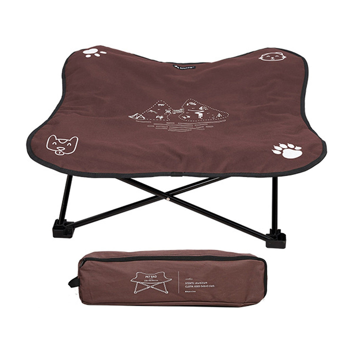 The Camp Bed raised folding dog cot in brown, with its carry bag