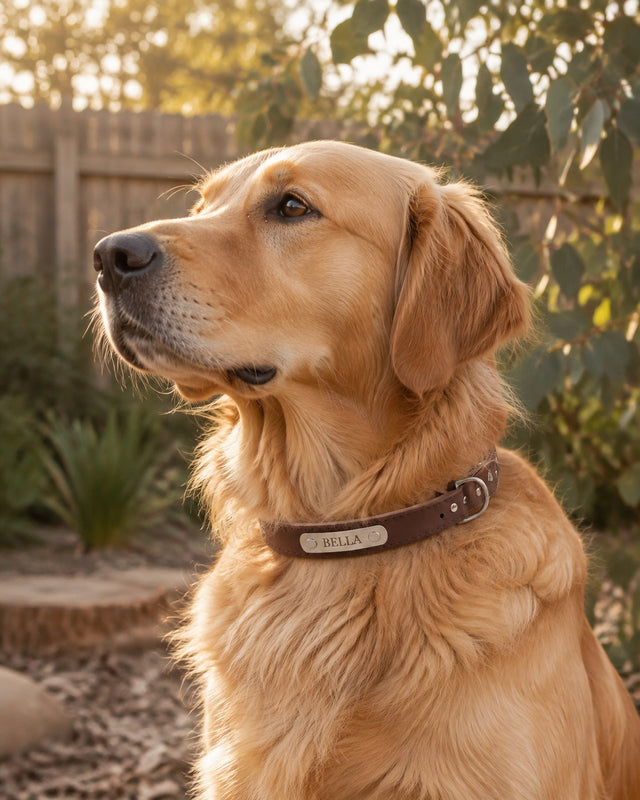 Golden retriever wearing the personalised Sutton Collar outdoors