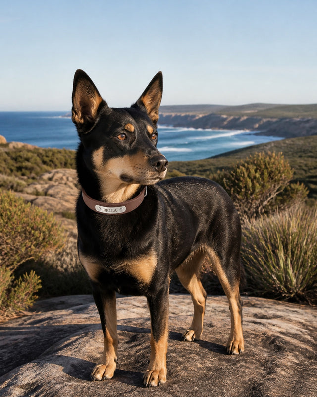 Black and tan dog wearing the Sutton Collar at a coastal lookout