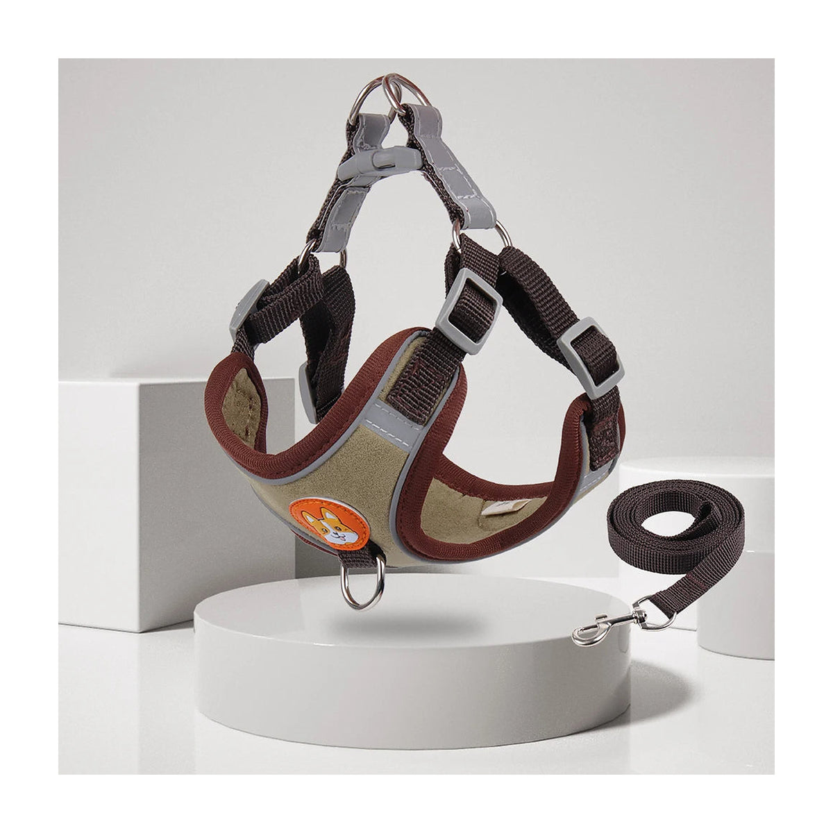 The Everyday Harness Set in a brown and grey colourway