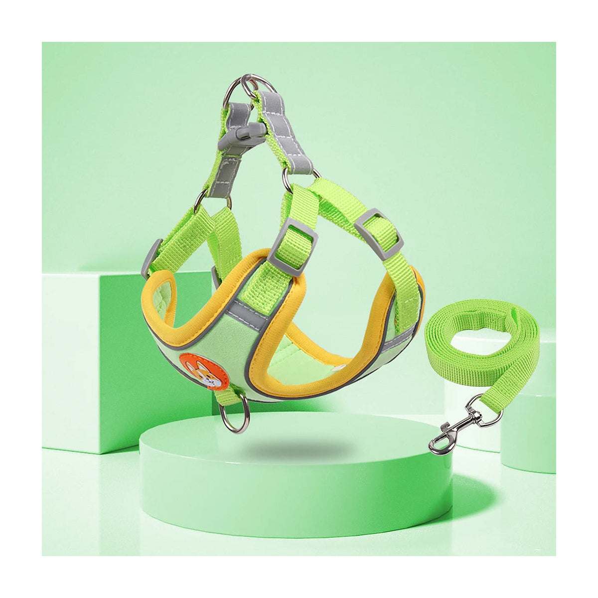 The Everyday Harness Set in a green and yellow colourway