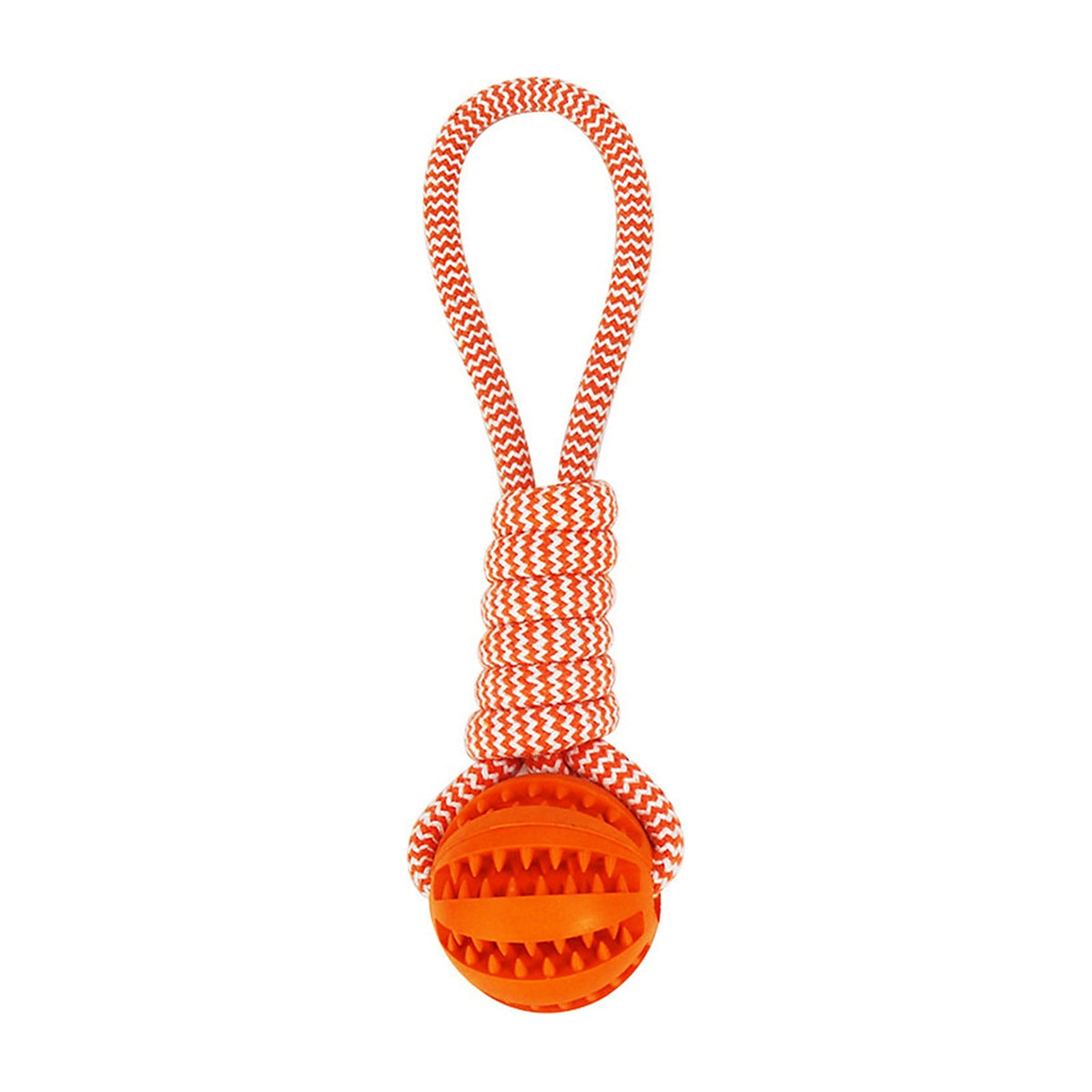 The Forage Rope Ball treat-dispensing toy with an orange rope handle