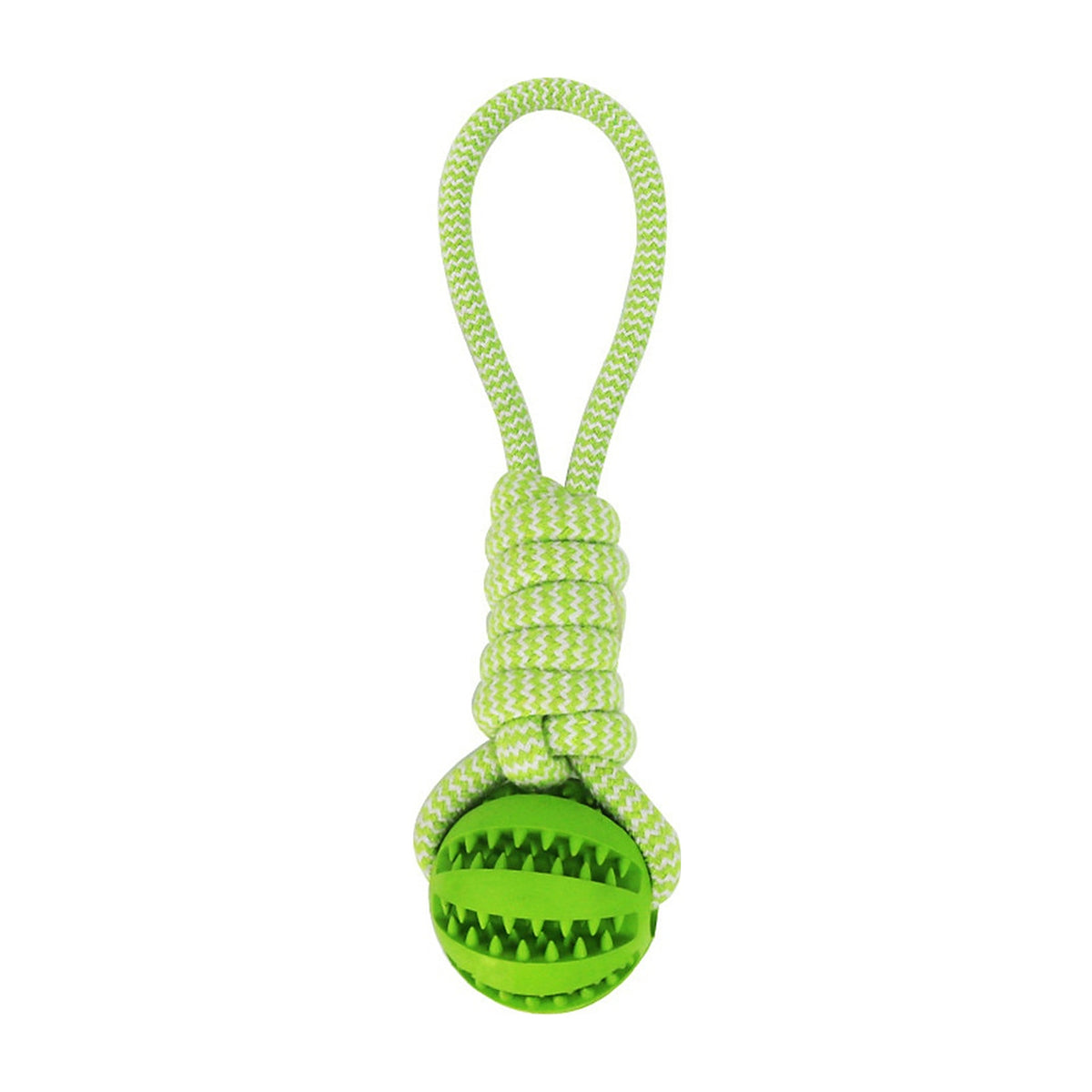 The Forage Rope Ball treat-dispensing toy with a green rope handle
