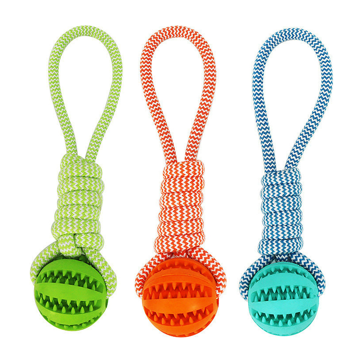 The Forage Rope Ball shown in green, orange and blue rope colourways