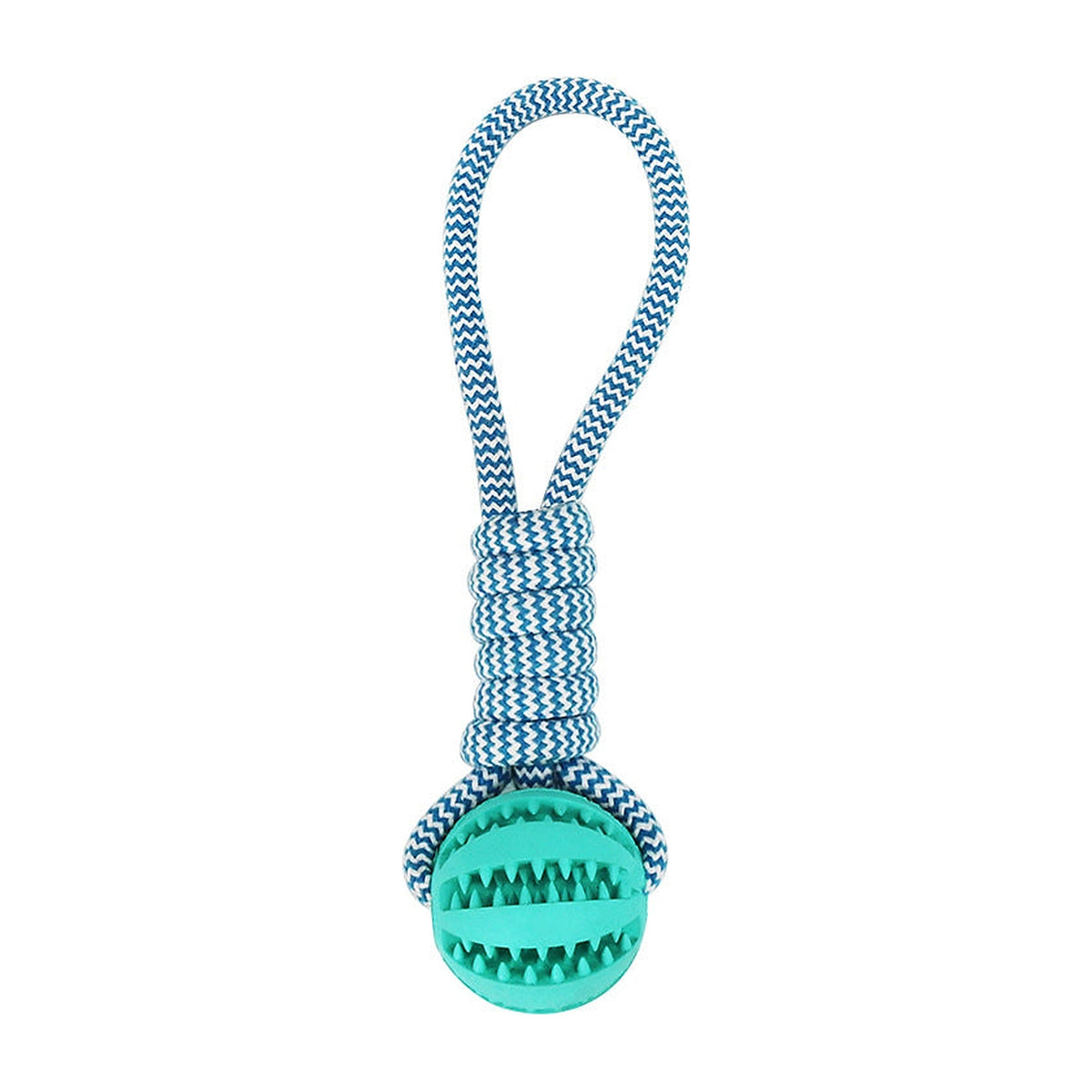 The Forage Rope Ball treat-dispensing toy with a blue rope handle