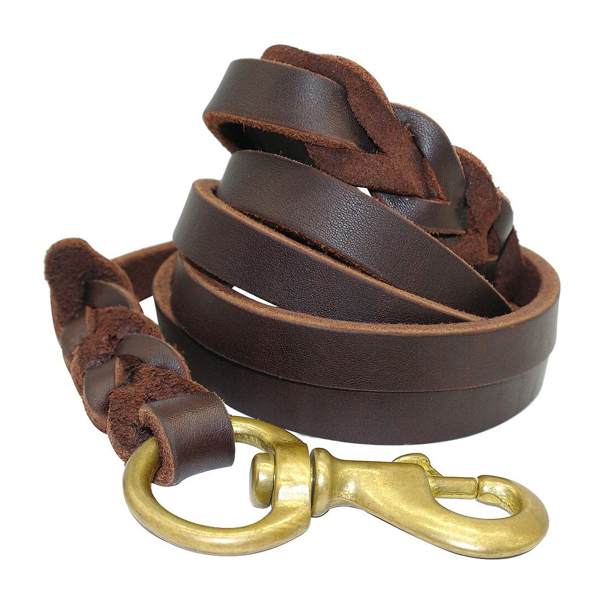 The Heritage Lead braided leather dog lead coiled, showing the brass clip