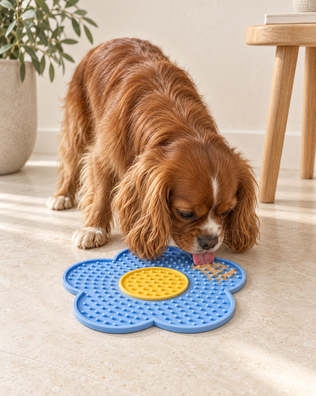 Chestnut spaniel using the Coastal Blue Calm Lick Mat at home
