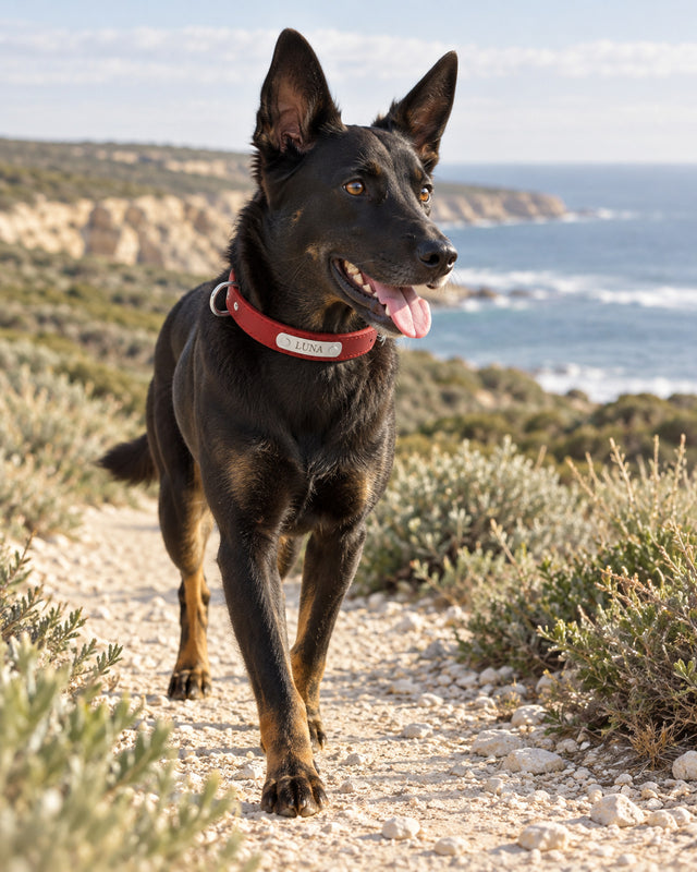 Black kelpie wearing the red personalised Sutton Collar on an Australian coastal trail