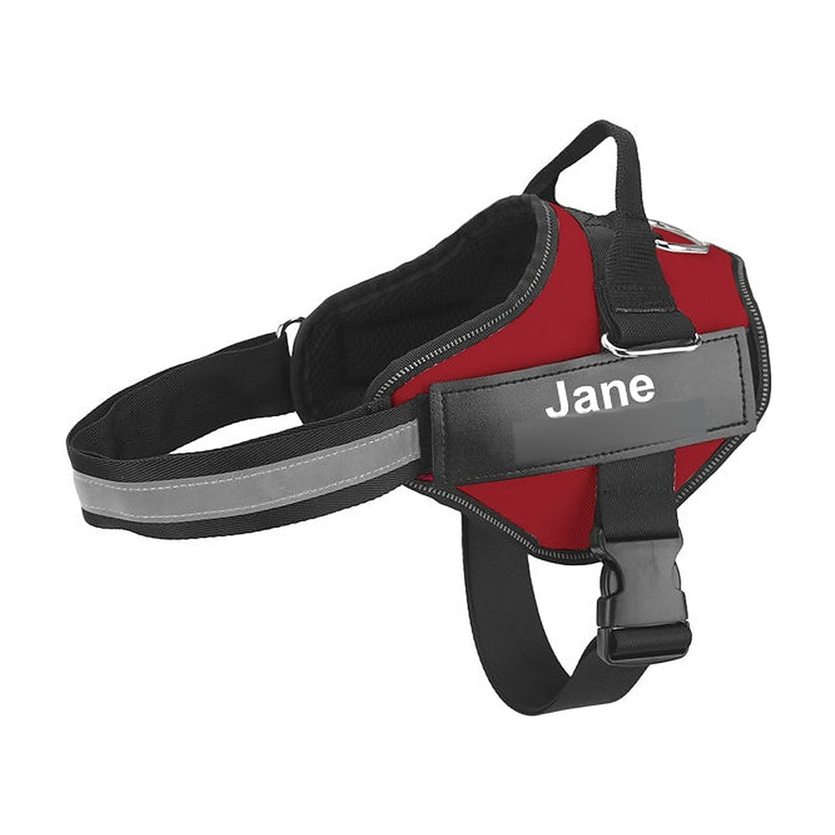 The Nameplate Harness in red, with the engraved nameplate on the chest panel