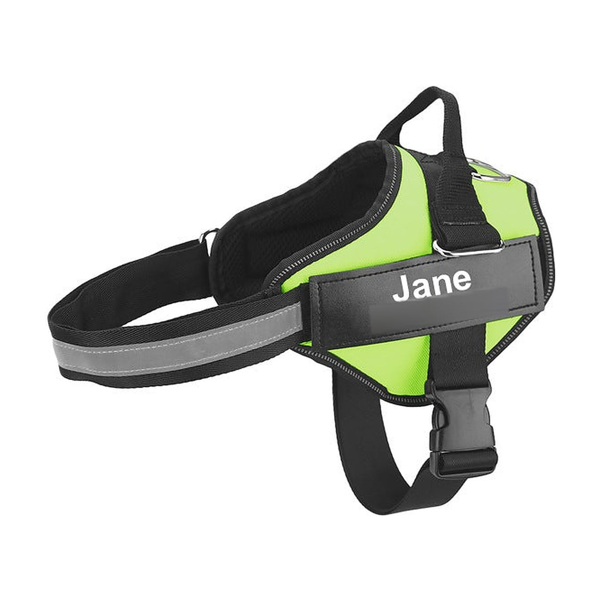 The Nameplate Harness in lime green, with the engraved nameplate on the chest panel