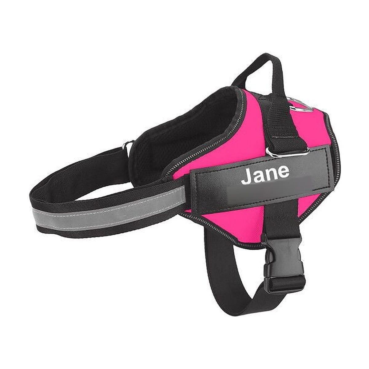 The Nameplate Harness in hot pink, with the engraved nameplate on the chest panel