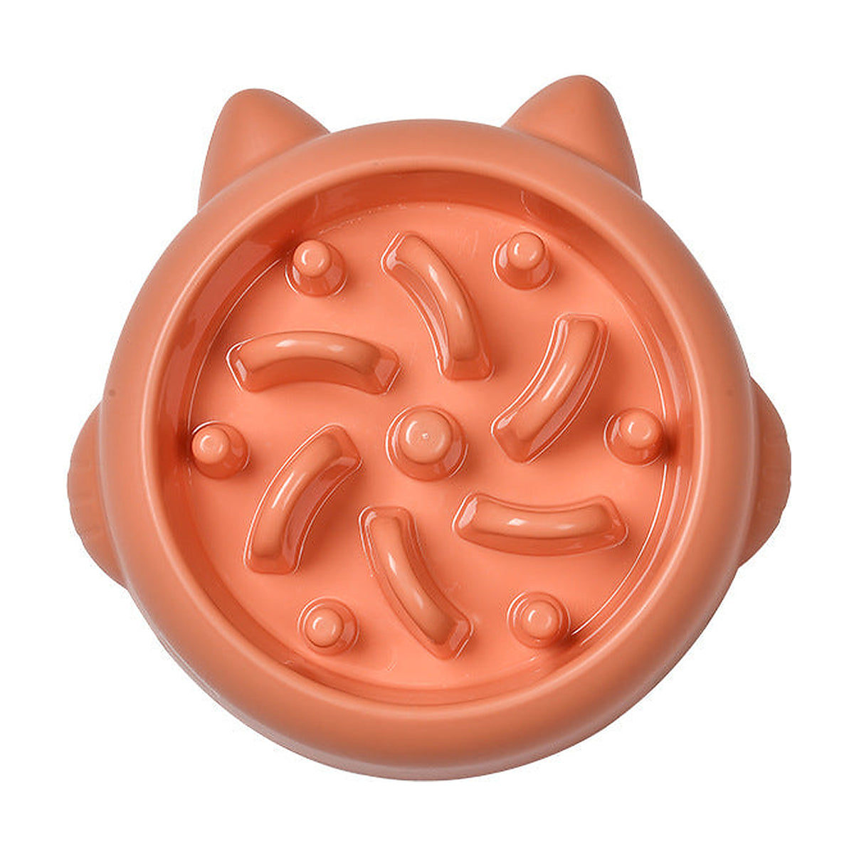 The Slow Bowl in coral beside the teal version filled with kibble