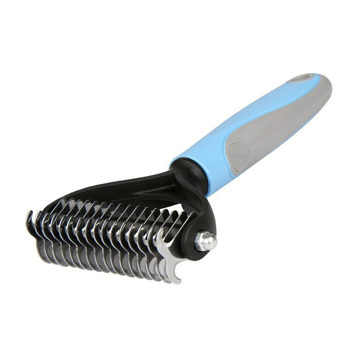 Blue Undercoat Rake angled to show both rows of rounded teeth