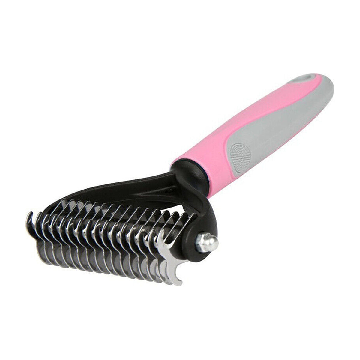 Pink Undercoat Rake angled to show both rows of rounded teeth