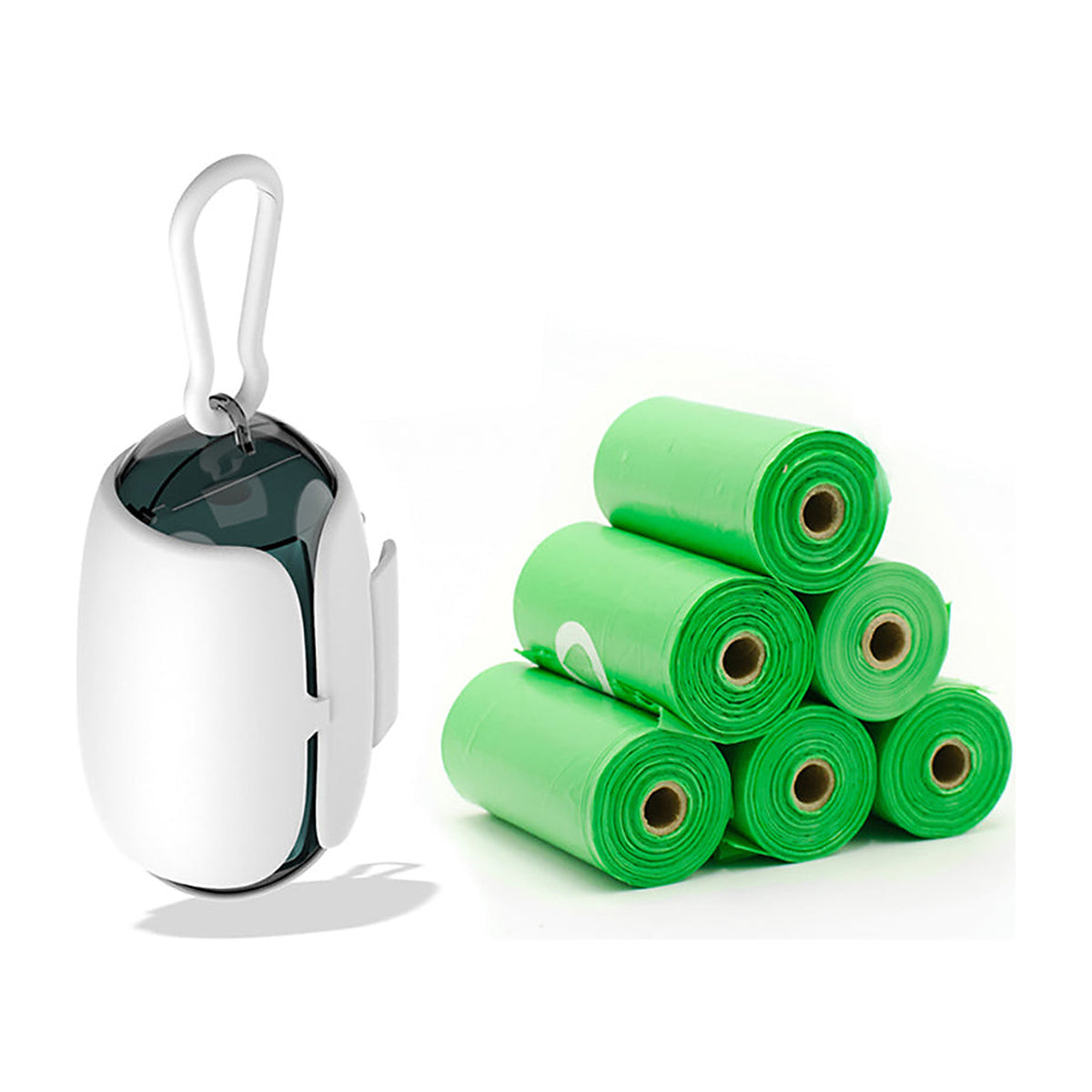 The Field Walk Bag Holder clipped to a lead with a green bag roll fitted
