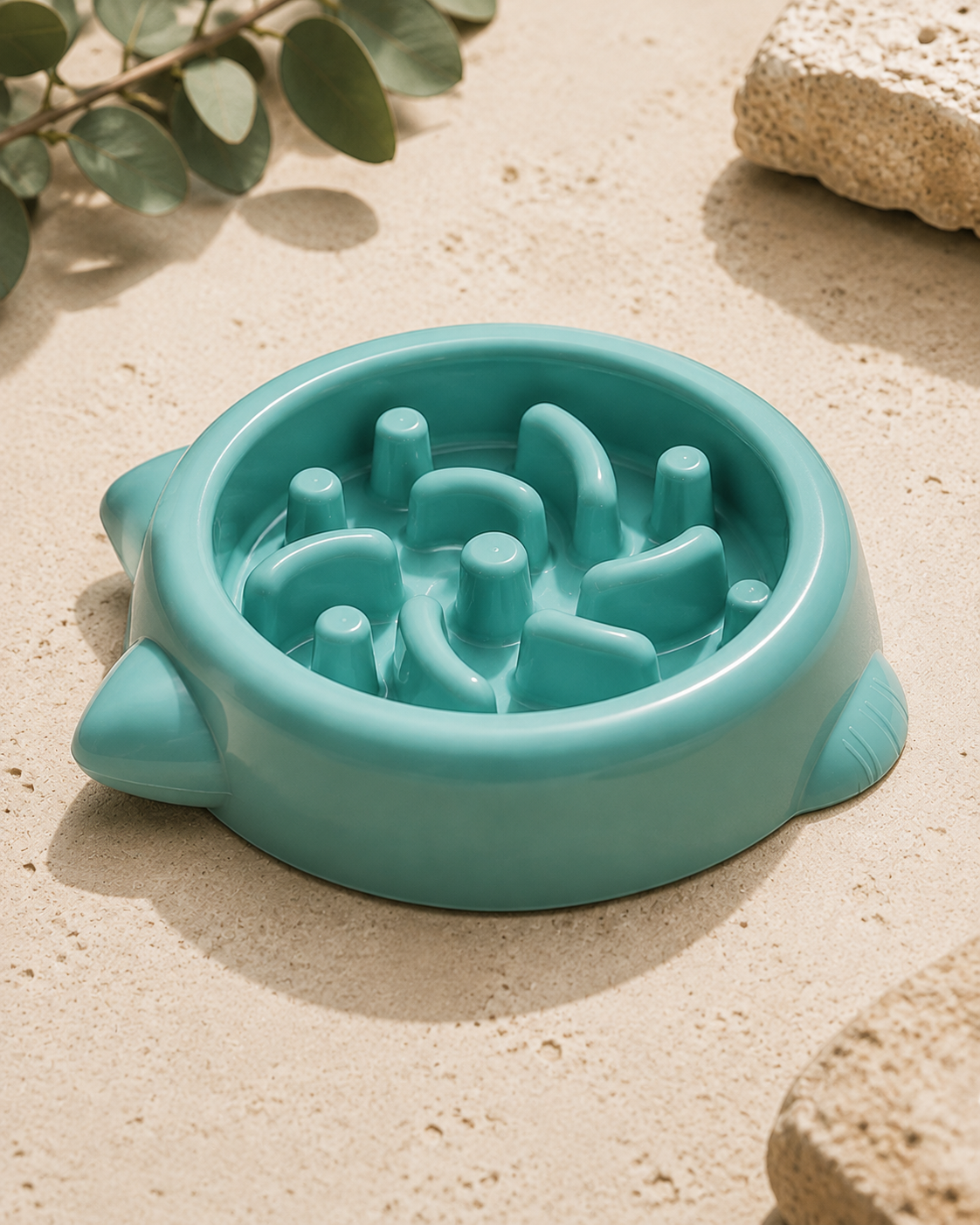 Teal Slow Bowl from a low side angle showing the bowl height and internal maze