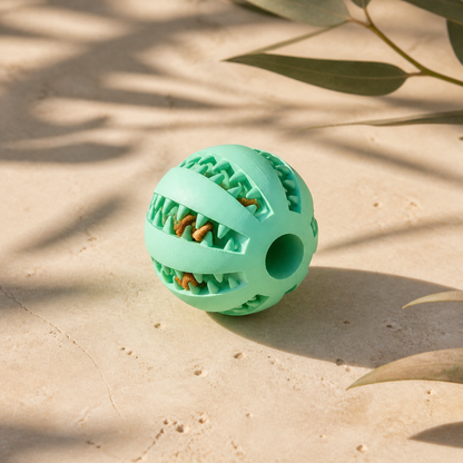 Mint textured enrichment ball with treats on pale limestone