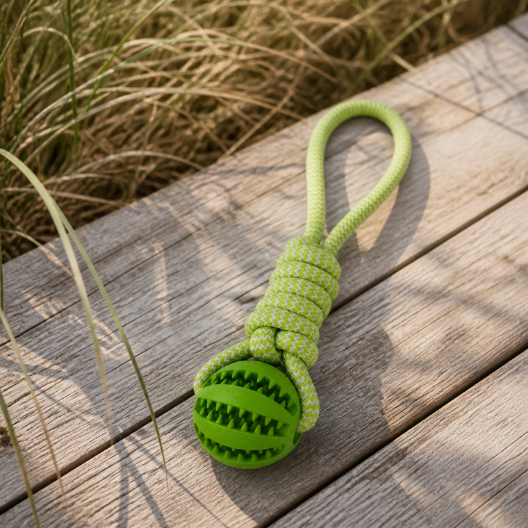 Green forage rope ball on a weathered timber deck