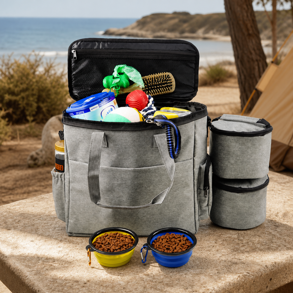 Weekender dog food travel bag at a coastal campsite