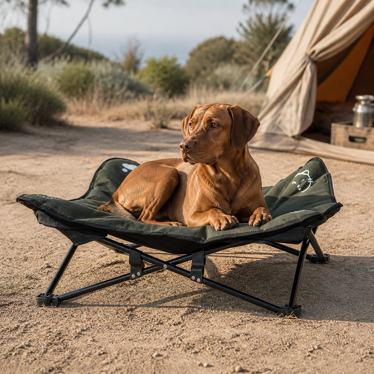 The Camp Bed with a dog at an Australian coastal campsite