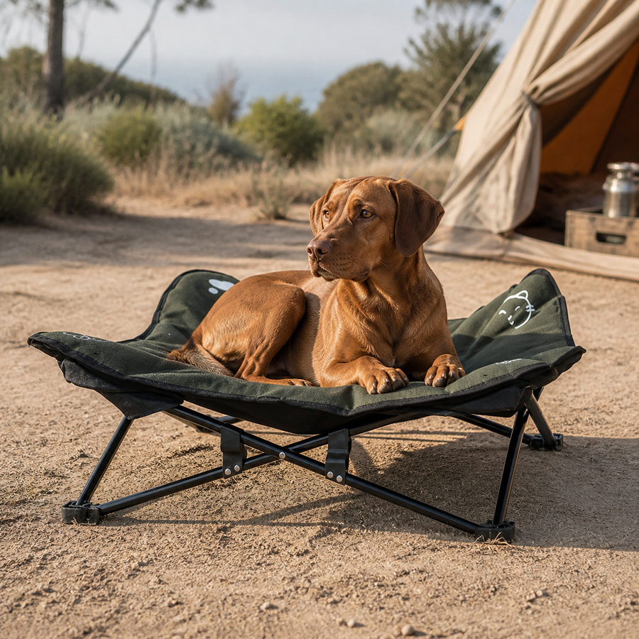 The Camp Bed with a dog at an Australian coastal campsite