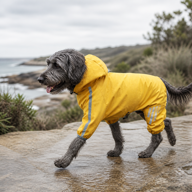 Ochre Weather Shell raincoat worn on a wet coastal walk