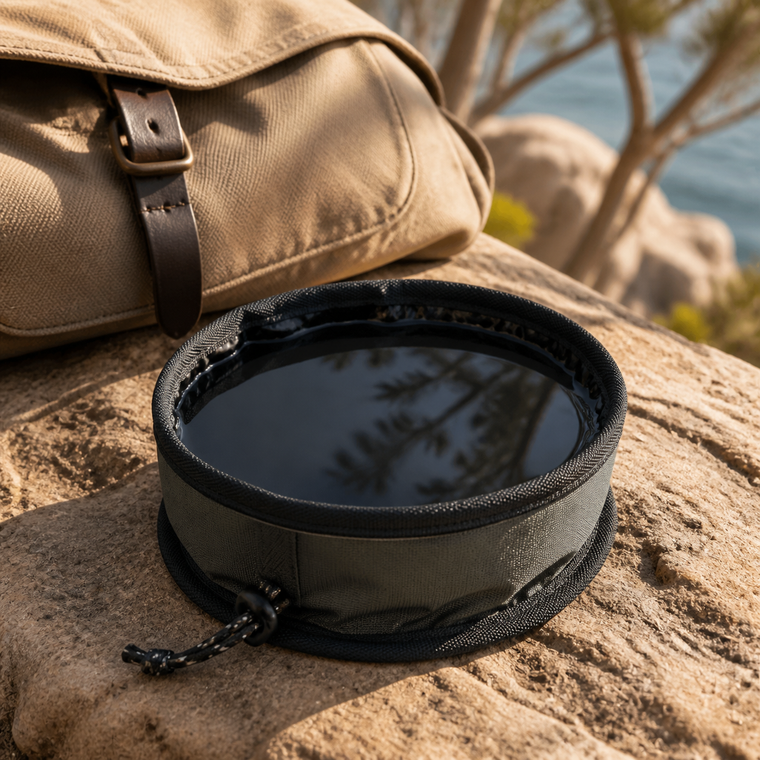 Black foldable Trail Bowl filled with water on sandstone