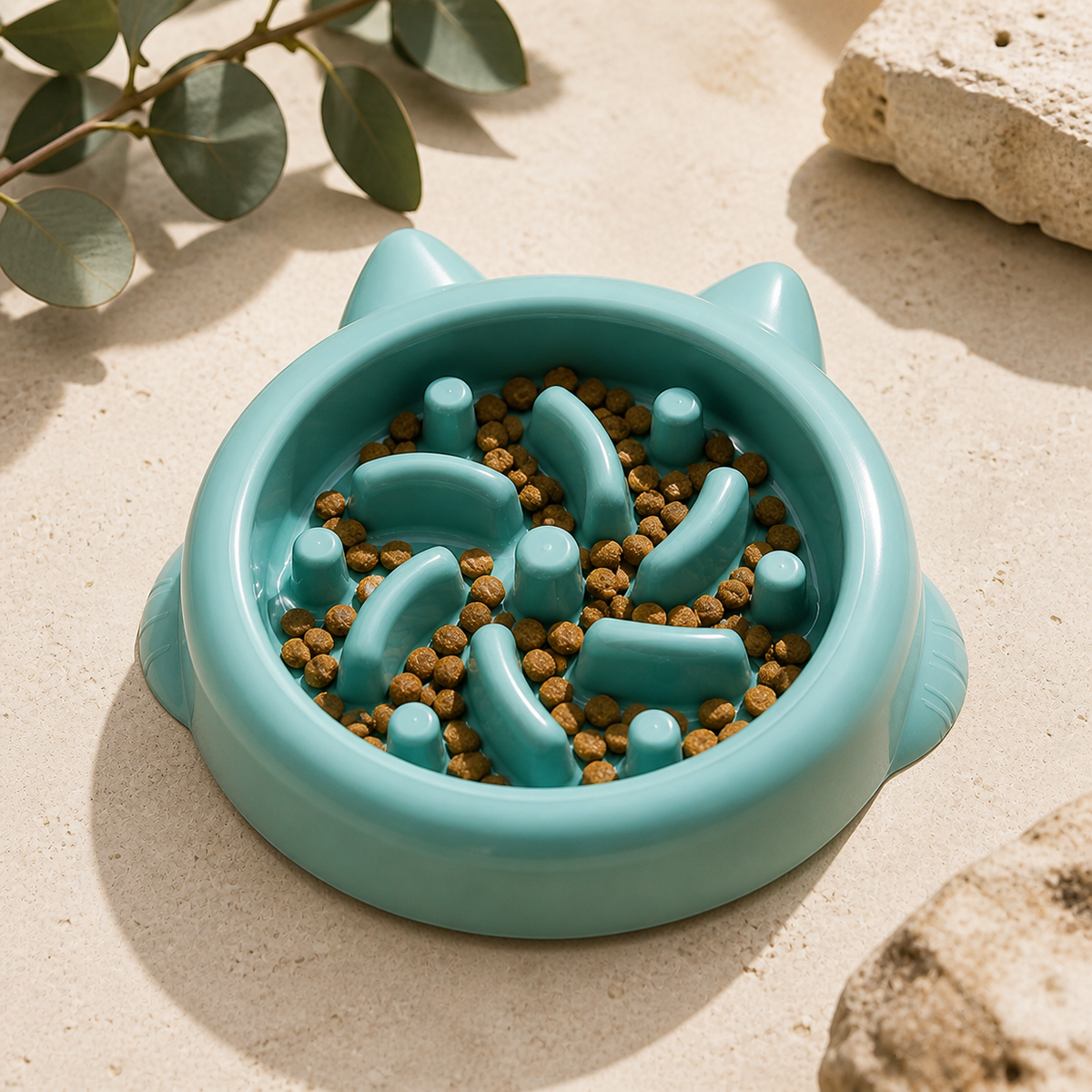 Teal Slow Bowl with food on pale limestone
