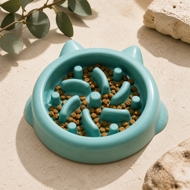 Teal Slow Bowl with food on pale limestone